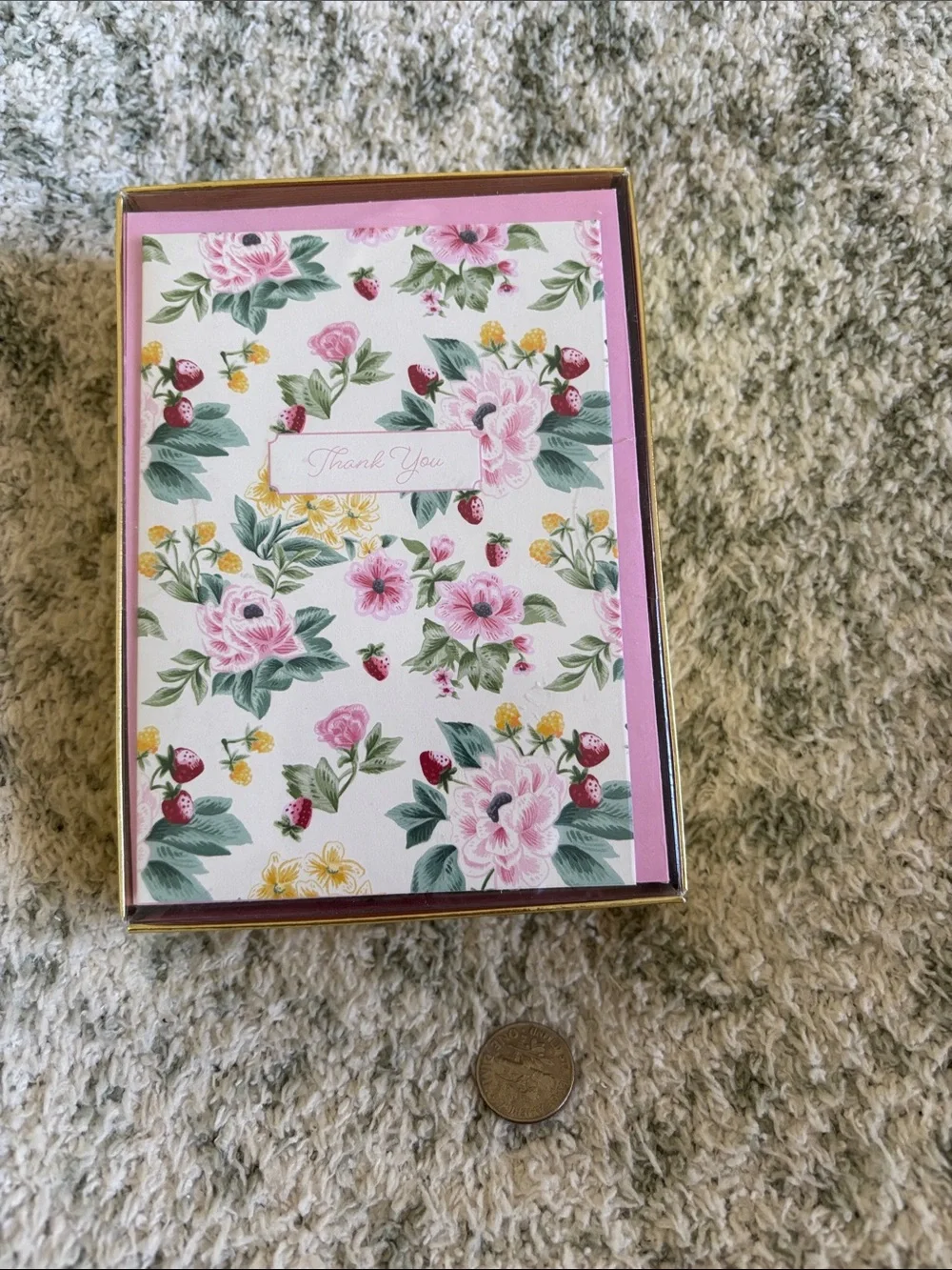 Graphique Floral Pink Strawberry Thank You Note Card Set of 16 NWT 4x5.25x1.5”